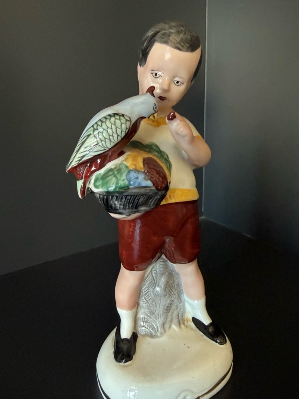 Antique German Porcelain Boy w Bird Parrot Figurine 6.5” - Picture 2 of 7